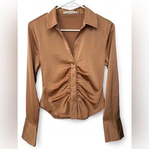 Women's Abercrombie and Fitch Bronze Satin Ruched Button Down‎ Blouse Size XS